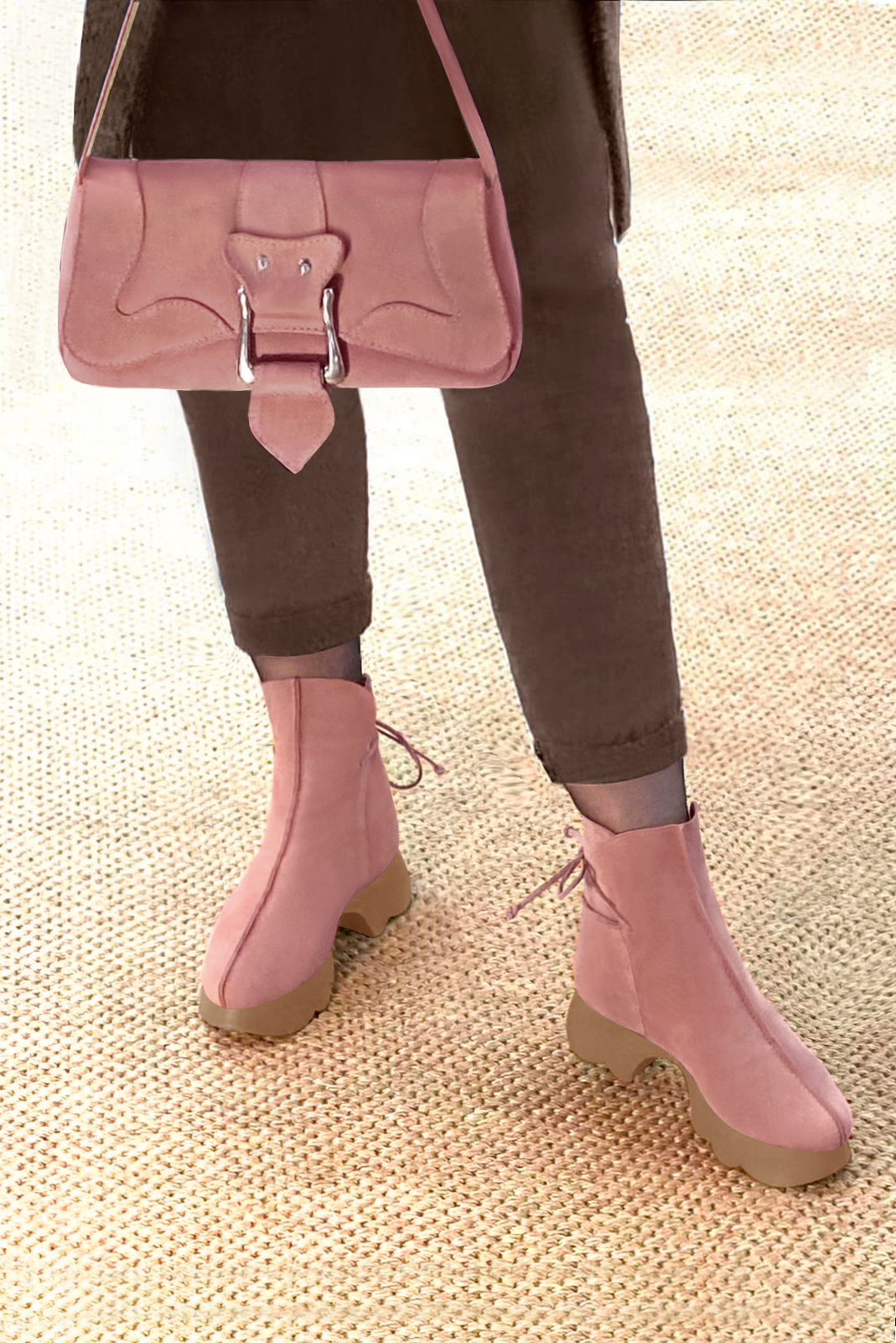 French elegance and refinement for these dusty rose pink dress booties with laces at the back, 
                available in many subtle leather and colour combinations. This charming ankle boot with its back lacing fits snugly around the ankle.
Its rubber sole ensures comfort and originality.
Customise or not, with your choice of materials and colours.  
                Matching clutches for parties, ceremonies and weddings.   
                You can customize these lace-up ankle boots to perfectly match your tastes or needs, and have a unique model.  
                Choice of leathers, colours, knots and heels. 
                Wide range of materials and shades carefully chosen.  
                Rich collection of flat, low, mid and high heels.  
                Small and large shoe sizes - Florence KOOIJMAN